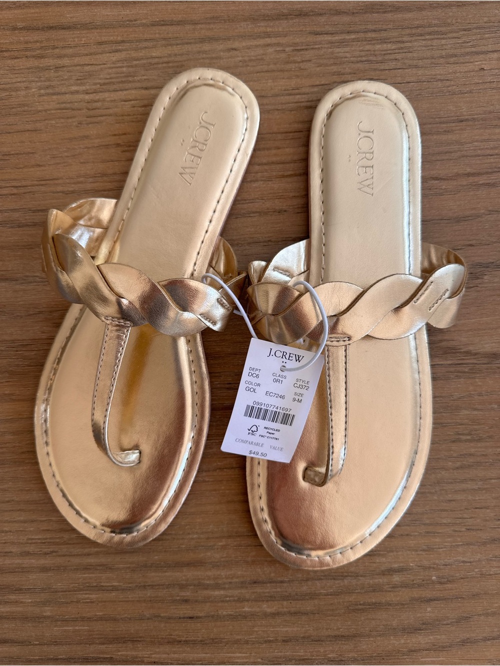 NWT J.Crew Gold Metallic Braided Thong Sandals Size 9